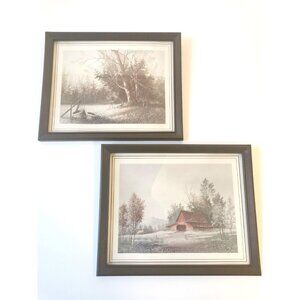VINTAGE S. ABUTT Framed Art Prints Set of 2 | Red Barn in Winter & Snowy Tree
